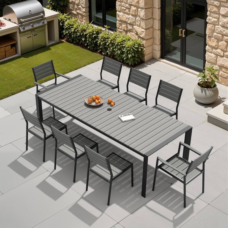 9-Piece Outdoor Patio Dining Set Wood Like Table Top Aluminum Rectangular Umbrella Hole Table with Stackable Dining Chairs