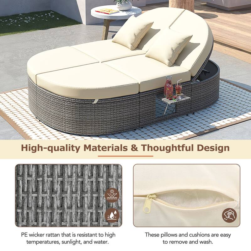 Outdoor Patio Rattan Round Daybed Sunbed with Adjustable Backrests and Foldable Cup Trays
