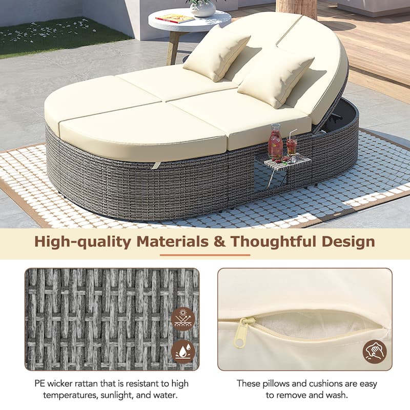 Rattan Patio 2-Person Daybed, Outdoor Sun Bed with Cushions and Pillows, Recliner with Adjustable Back and Foldable Cup Trays