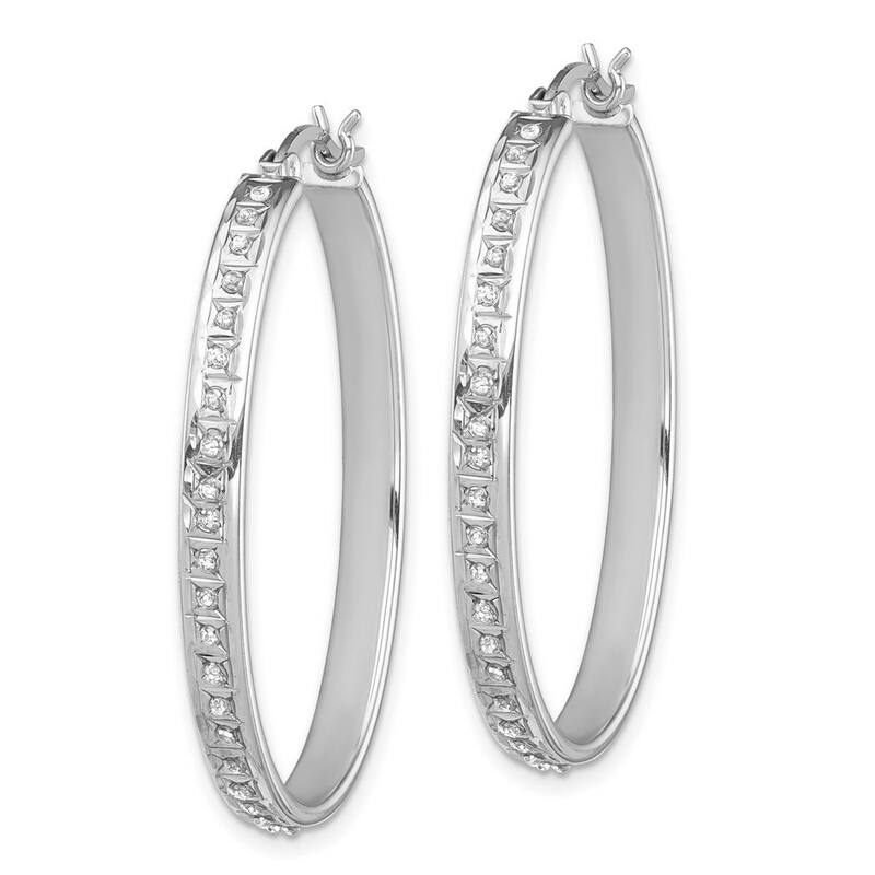 Curata 925 Sterling Silver 37x4mm Diamond Oval Hinged Hoop Earrings