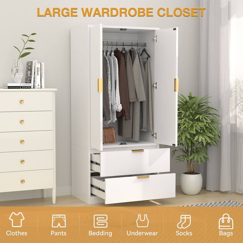 Meyreso Fluted Armoire Wardrobe Closet Storage Cabinet with 2 Doors & 2 Drawers - N/A