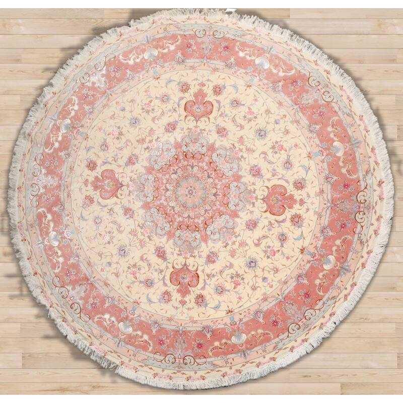 Hand Knotted Ivory Persian Wool & Silk Traditional Oriental Area Rug - 8' 2'' x 8' 2''