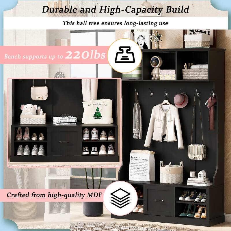 Minimalist Entryway Bench Hall Tree with 6 Hooks, Black Storage Bench Indoor Bench with Open Compartments