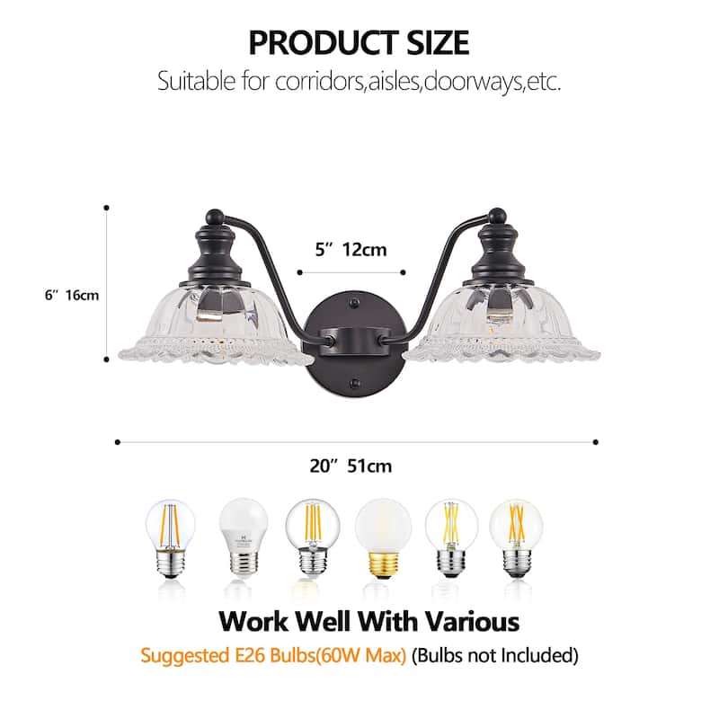 20 Inch 2-Light Vintage Bathroom Wall Sconce - Elegant Black, Metal and Glass Lampshade Vanity Light Fixture