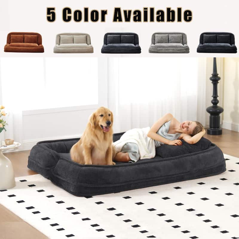 Pet Friendly Lazy Loveseat Sofa 2-in-1 Chenille Floor Couch Double Human Sleeper Bed with 5 Adjustable Position, Plump Pillows