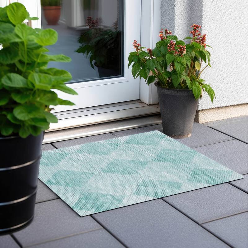 Machine Washable Indoor/ Outdoor Modern Diamonds Chantille Rug - Teal - 1'8" x 2'6"