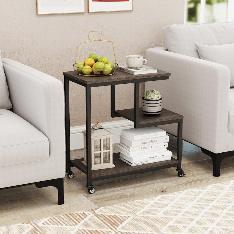 3-Tier G-Shaped Wooden Side End Table with Wheels and Storage for Living Room or Office Use - 23" x 12" x 24"