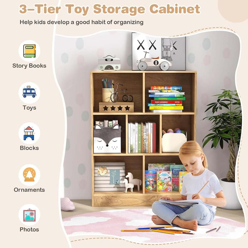 Kids Toy Storage Organizer 7-Section Wooden Floor Storage Cabinet