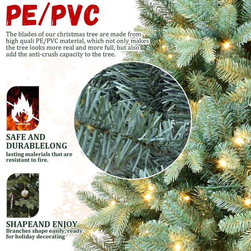 8FT Blue-Green Tint PE/PVC Christmas Tree with 650 Warm White LED Lights-2458 Tips,Full Natural Look, Metal Stand