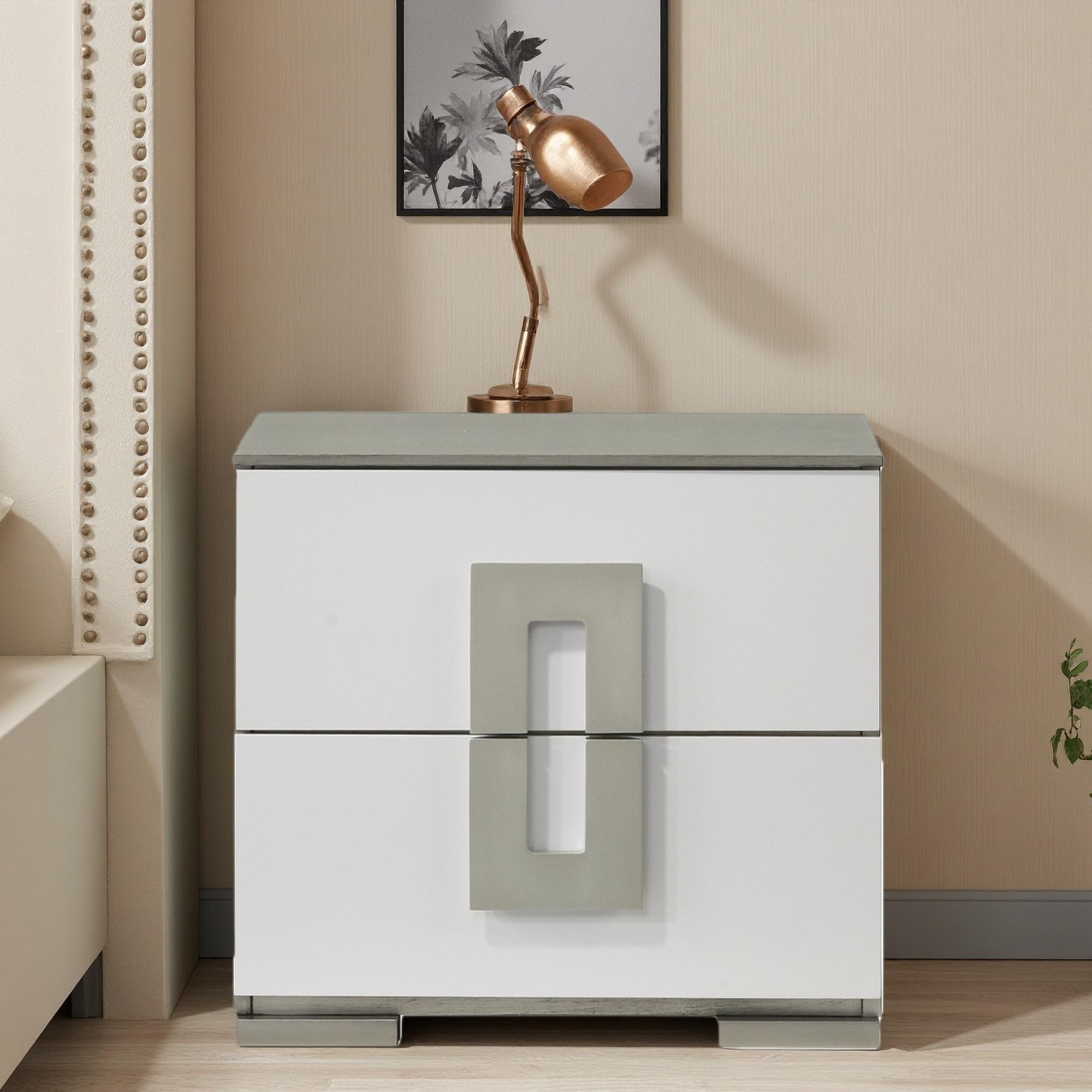 23.6"L Wood Nightstand with 2 Drawers, Semi-Gloss Finish, Metallic Accents, Oversized Handles, Contemporary Style