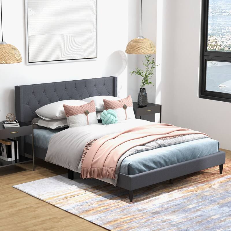 Upholstered Platform Bed with Button Tufted Wingback Headboard