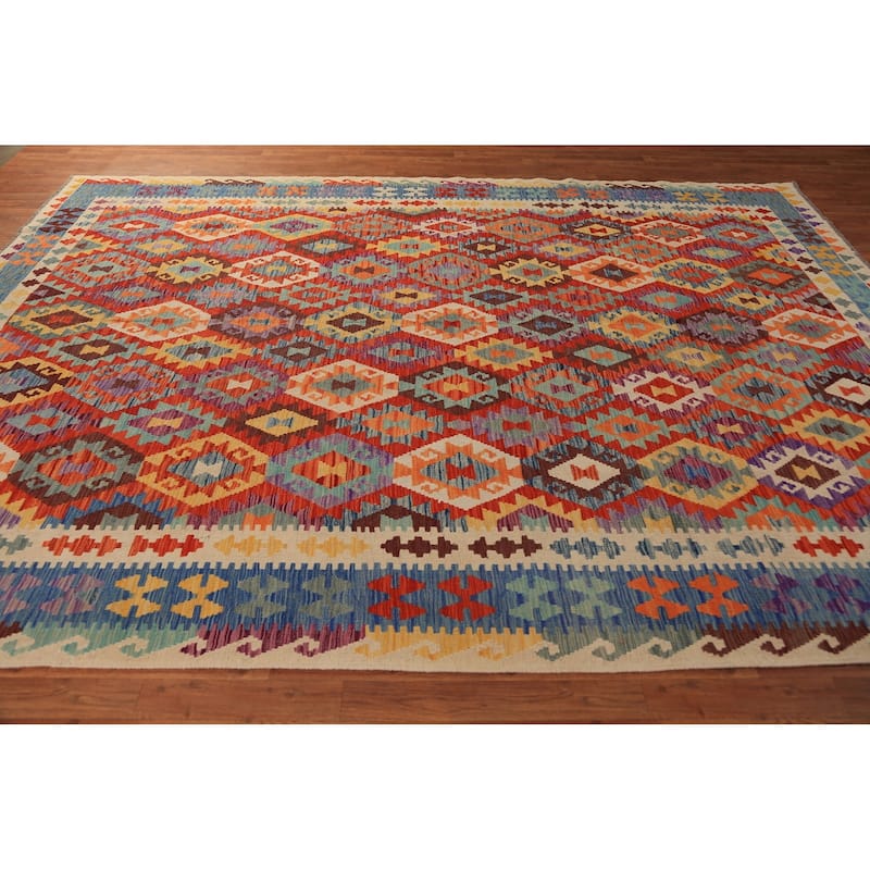 Geometric Kilim Oriental Area Rug Hand-Woven Wool Carpet - 8'5"x 11'5"