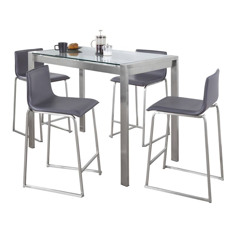 Strick & Bolton Forrest Mara Upholstered 5-Piece Counter Height Dining Set - Grey Faux Leather/Clear Glass Top