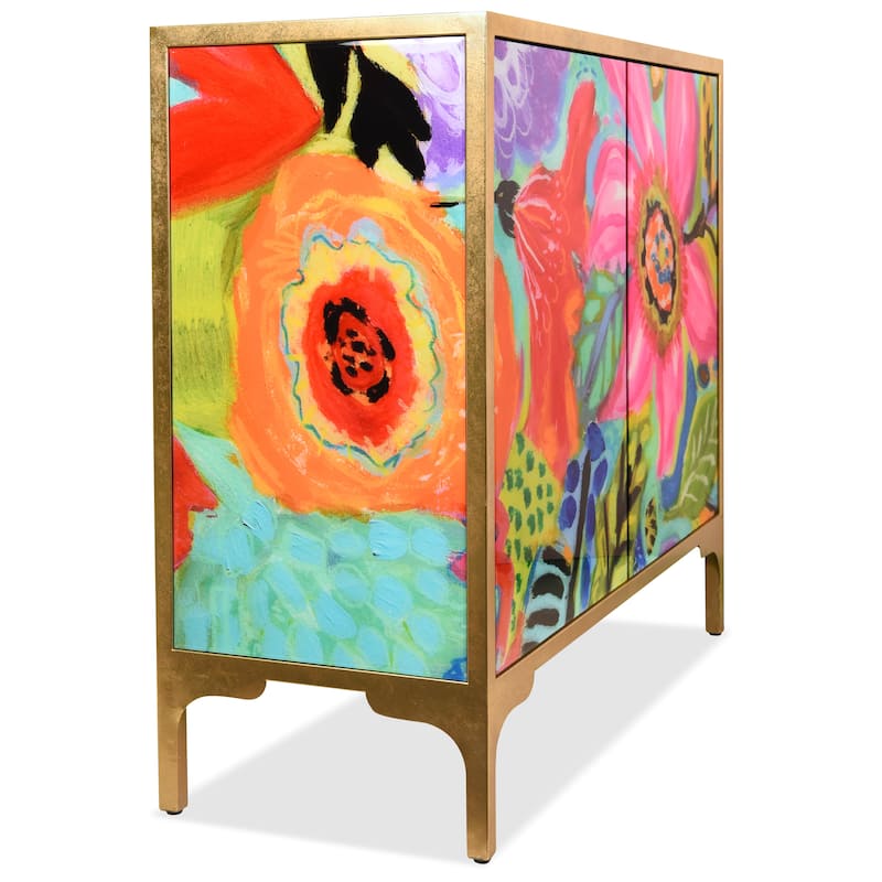 "Secret Garden Floral" Cabinet Console Table on Beveled Reverse Printed Art Glass with Iron Gold Leafed Frame