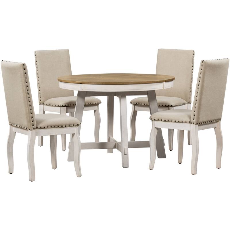 5 Piece Wood Round Extendable Dining Table Set with 4 Upholstered Chairs