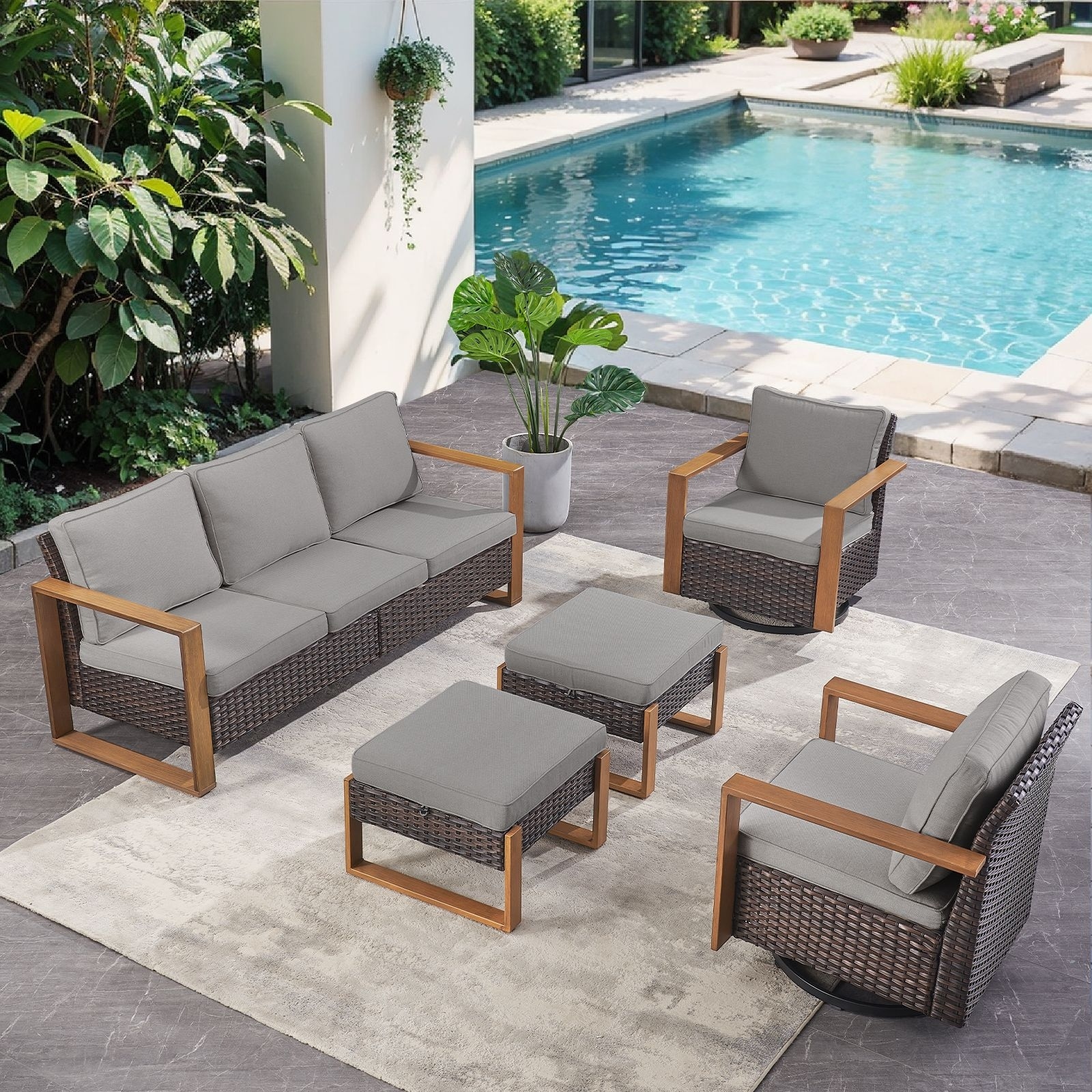 Pocassy 5 Pieces Outdoor Patio Sofa Swivel Chair Ottoman Set