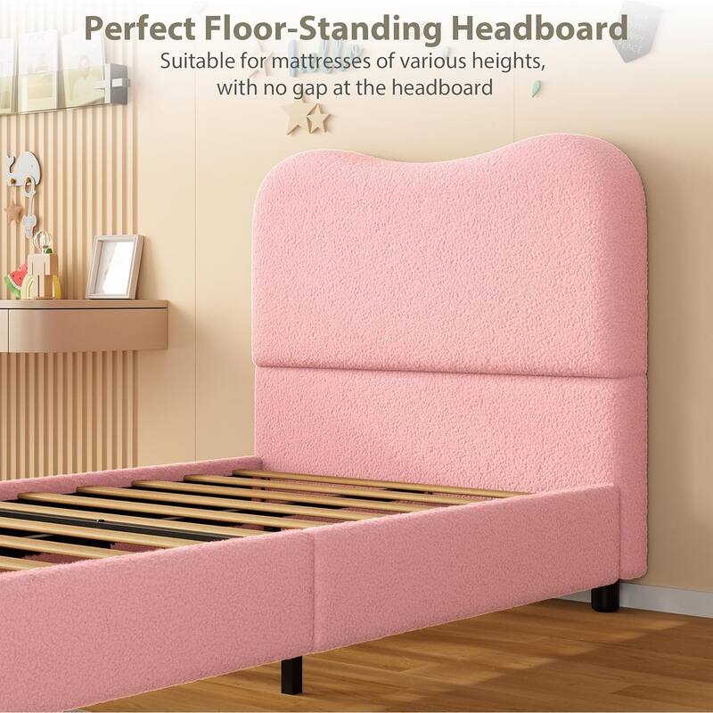 Kids Upholstered Platform Bed, Soft Boucle Fabric with Low Profile Frame & Wood Slats, Boys/Girls Bedroom