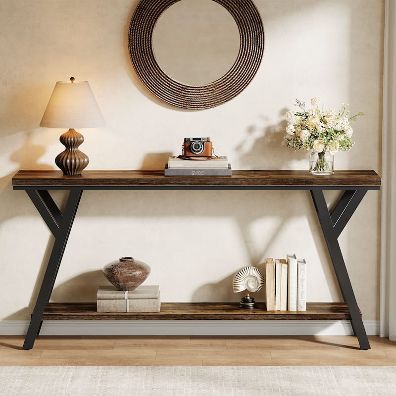 Industrial Sofa Table Behind Couch with 2-tier Storage Shelf for Hallway - Brown