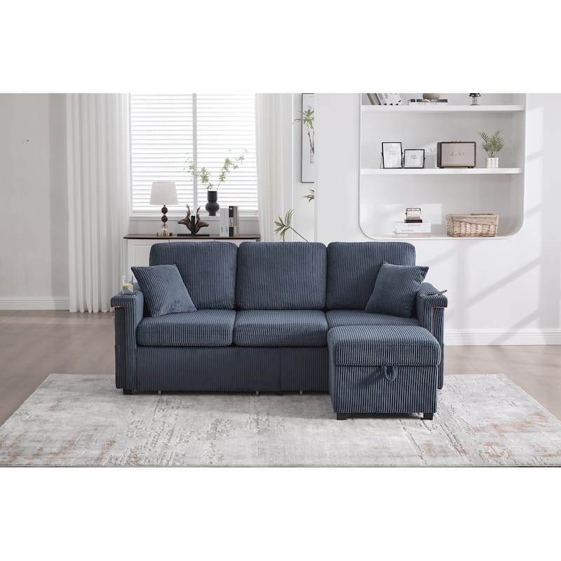L-Shaped Sectional Sofa with Pull-Out Storage,Ottoman & Pillows 3-Seat with USB Charging,Cup Holder, Convertible Design - Blue
