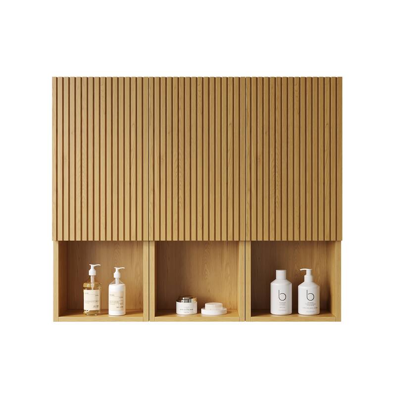 41" Bathroom Wall Mounted Cabinet, Composed of 3 Cabinets with Doors and Open Compartments, Can be Used in Combination - Golden Oak