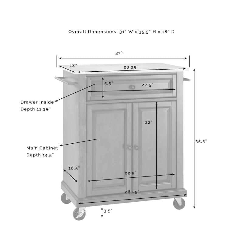 Compact Stone Top Kitchen Cart in Mahogany and White with Adjustable Shelf, Storage Drawer, and Towel Bars