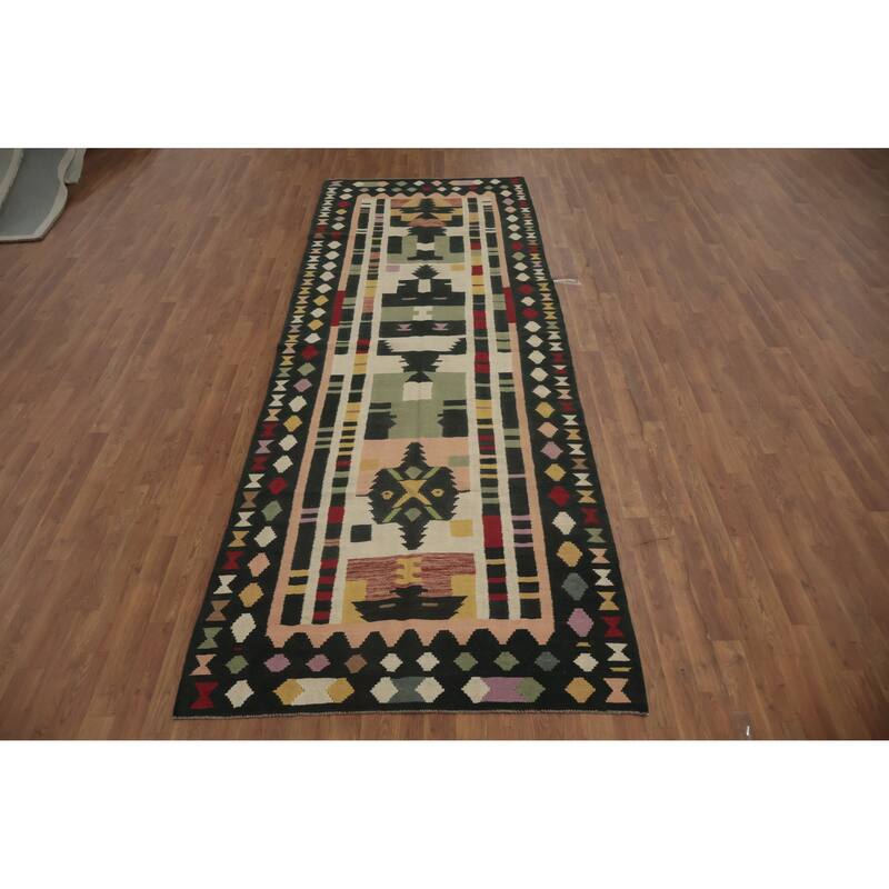 Hand Woven Oriental 100% Wool Carpet Southwestern Tribal Multi-Colored Kilim Runner Rug - 12' 1'' X 4' 3''