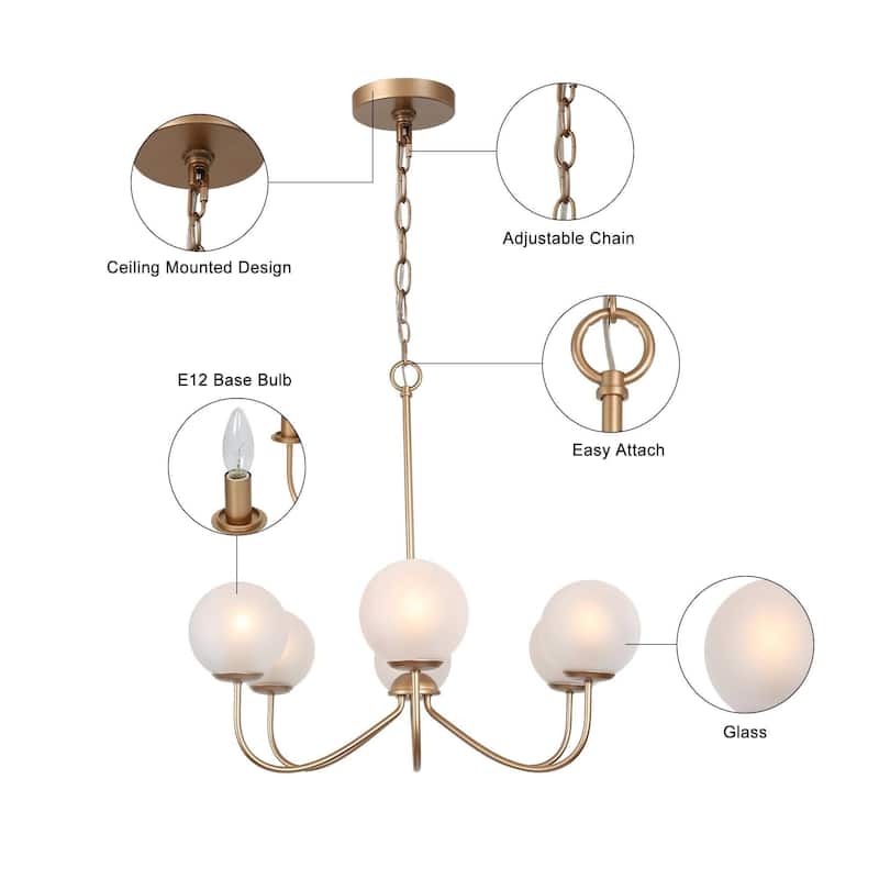 Modern Gold 6-Light Chandelier Wheel Globe Glass Light for Dining Room