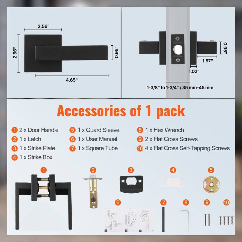 Matte Black Interior Door Handle Lever with Zinc Alloy Reversible Design for 35mm to 45mm - 4.65" x 0.91" x 2.16"