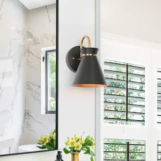 Modern Industrial 1-Light Black Gold Wall Sconce Lighting with Metal Shade - 6" L x 7" W x 8.5" H