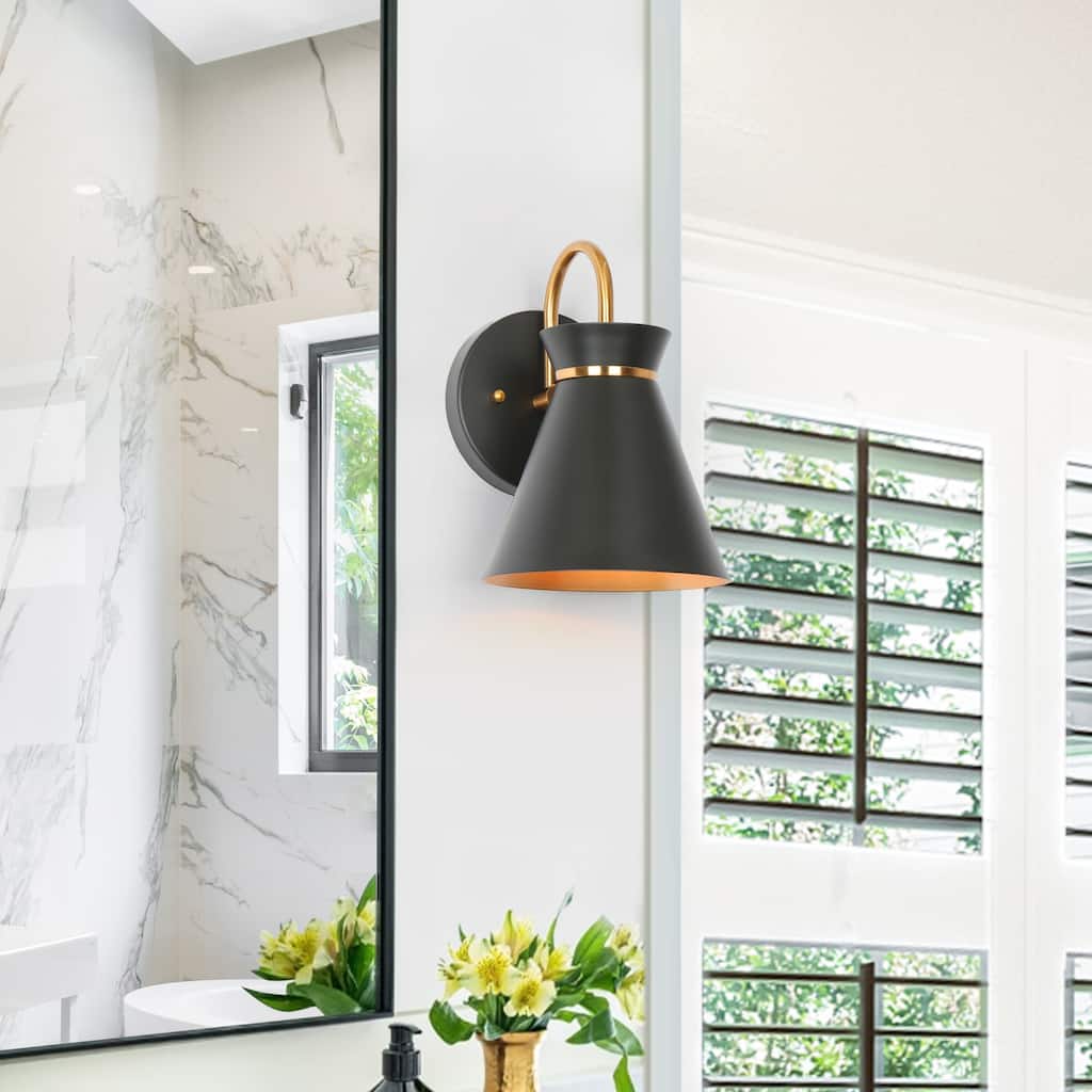 Modern Industrial 1-Light Black Gold Wall Sconce Lighting with Metal Shade - 6" L x 7" W x 8.5" H