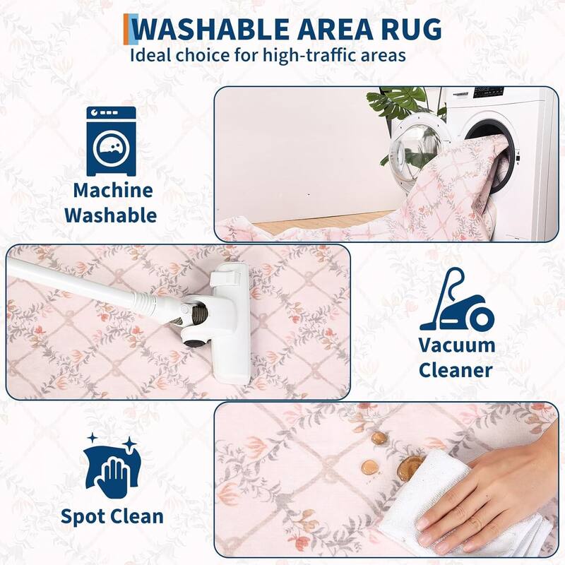 Floral Neutral Washable Hallway Low Pile Area Rug for Bedroom, Living Room, Pink Orange - 2' x 3'