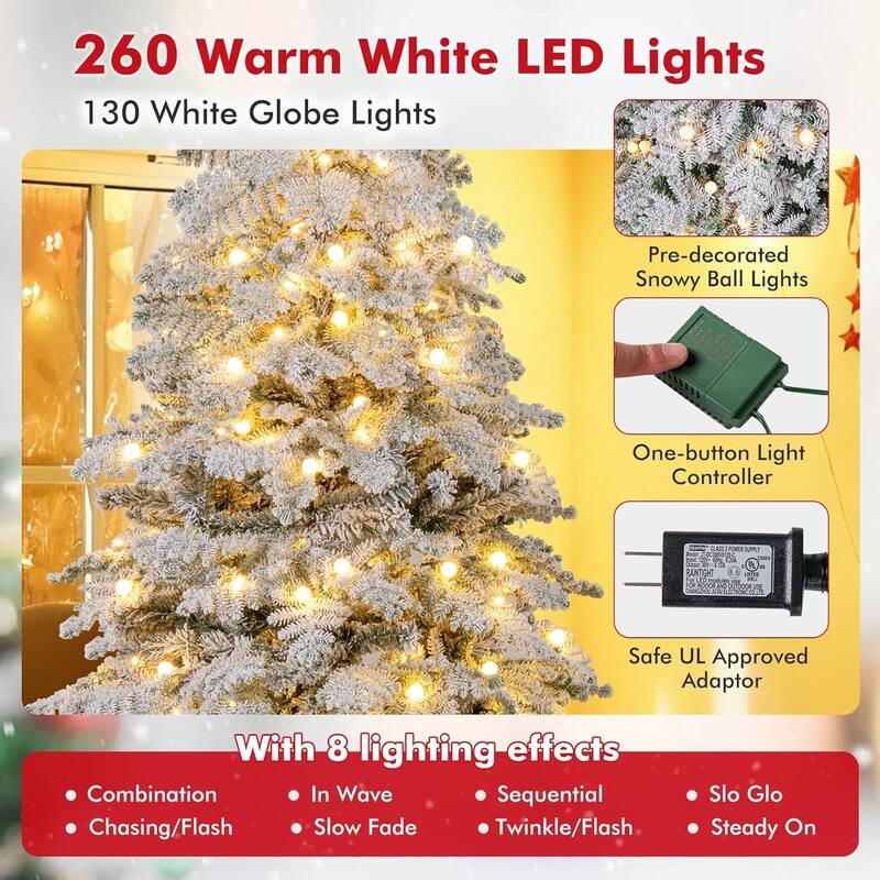 6/7 FT Pre-lit Artificial Christmas Tree Snow Flocked Hinged Xmas Tree