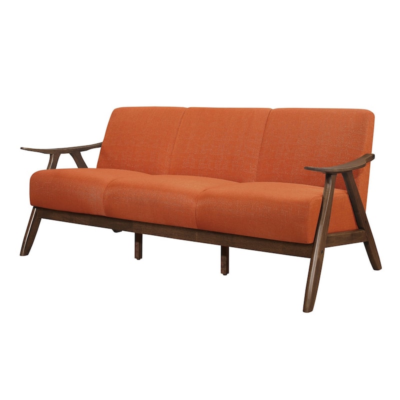 Indy 73 Inch Sofa, Brown Wood Angled Frame, Cozy Textured Orange Fabric