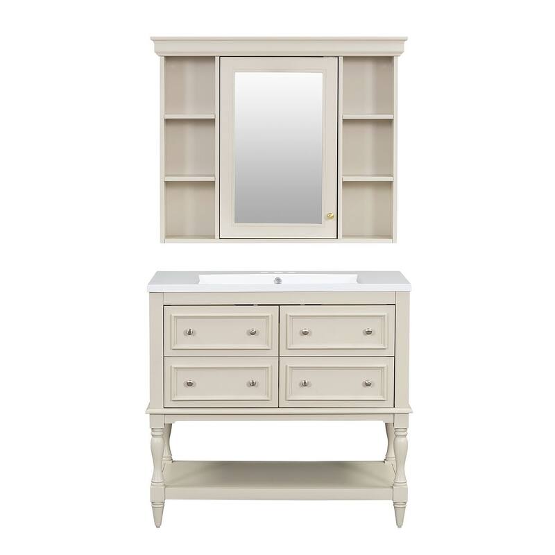 35'' Wall Mounted Bathroom Mirror Cabinet with Adjustable Shelves and Open Storage