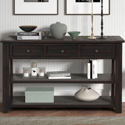 3-Tier Console Table, Entryway Table with Pine Wood Top 3 Storage and Drawers, Sofa Side Table With 2 Open Storage Shelf