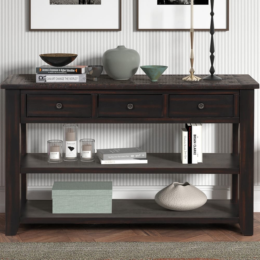 Solid Pine Wood Top Console Table with 3 Drawers and 2 Shelves
