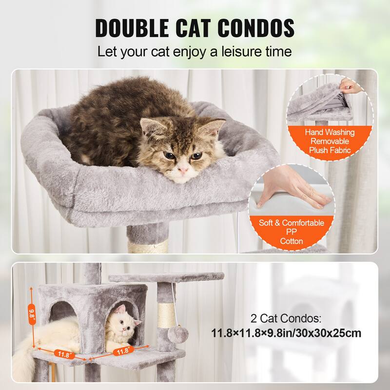 Cat Tree for Indoor Cats, 63" Cat Tower with 2 Cat Condos, Sisal Scratching Post, Hammock, Top Perch, Jumping Platforms,