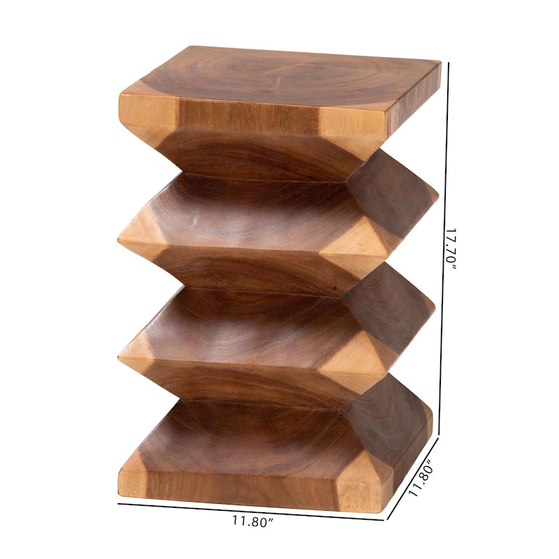 Malati Solid Suar Wood Side Table - Hand-Carved Sculptural End Table with Zigzag Design, Modern Boho Style