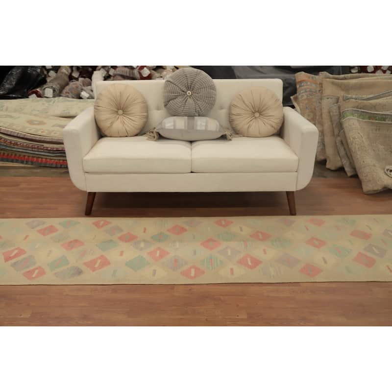 Hand Woven Oriental 100% Wool Carpet Southwestern Modern Multi-Colored Kilim Runner Rug - 11' 10'' X 2' 6''