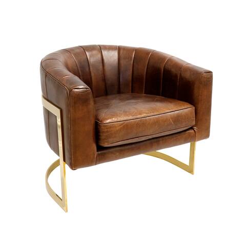 Pasargad Home Vicenza Collection Leather Barrel Chair, Brown - W31.5"xD27.5"xH29.1"