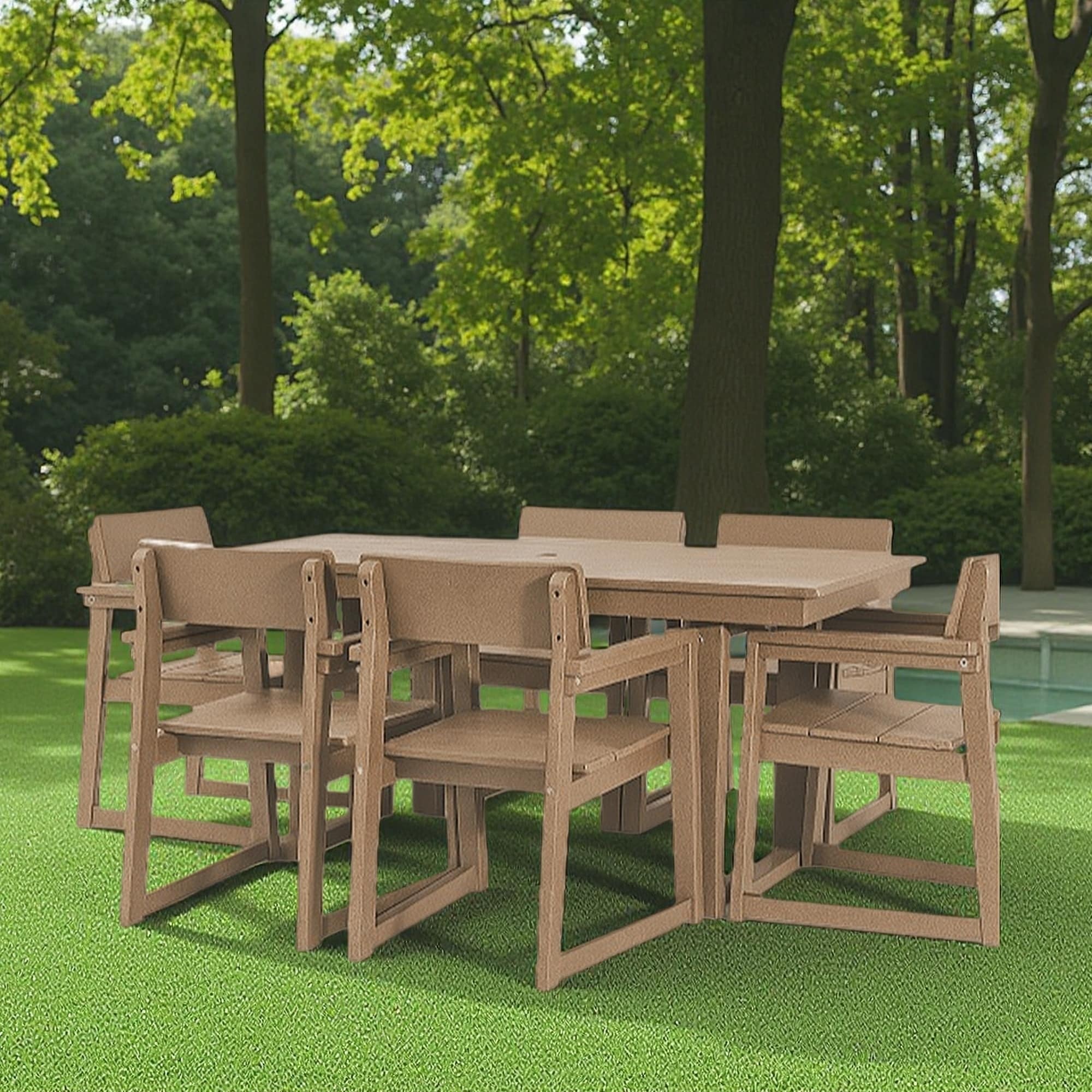 7-Piece Outdoor HDPE Dining Set with Table, Umbrella Hole and 6 Armrest Chairs