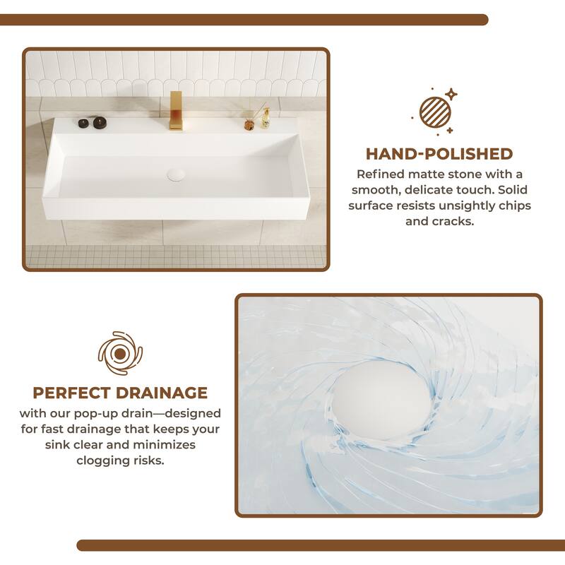 Solid Surface Wall-Mounted Rectangular Bathroom Sink with Pop-Up Drain, Modern Floating Wash Basin with Center Drain