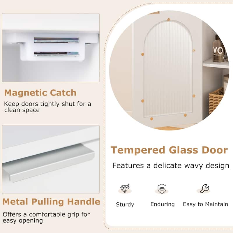 White Wooden Bathroom Floor Cabinet with Tempered Glass Door and Adjustable Storage Shelves - 14" x 12" x 35.5"