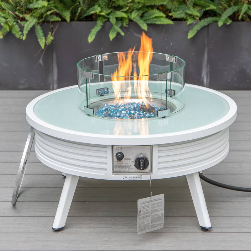 Walbrooke Modern Round Aluminum Frame Fire Pit Table with Powder-Coated Finish, CSA-Certified, and Tempered Glass - 29