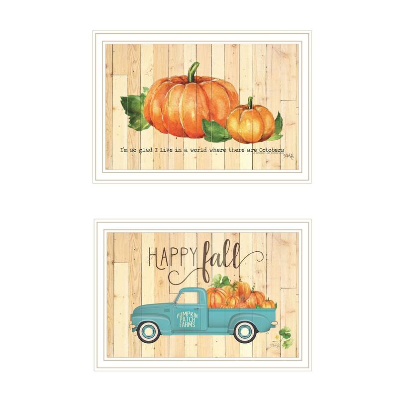 Trendy Decor 4U "Happy Fall-October Pumpkins" Printed Framed Wall Art by Marla Rea - White - 20 x 14