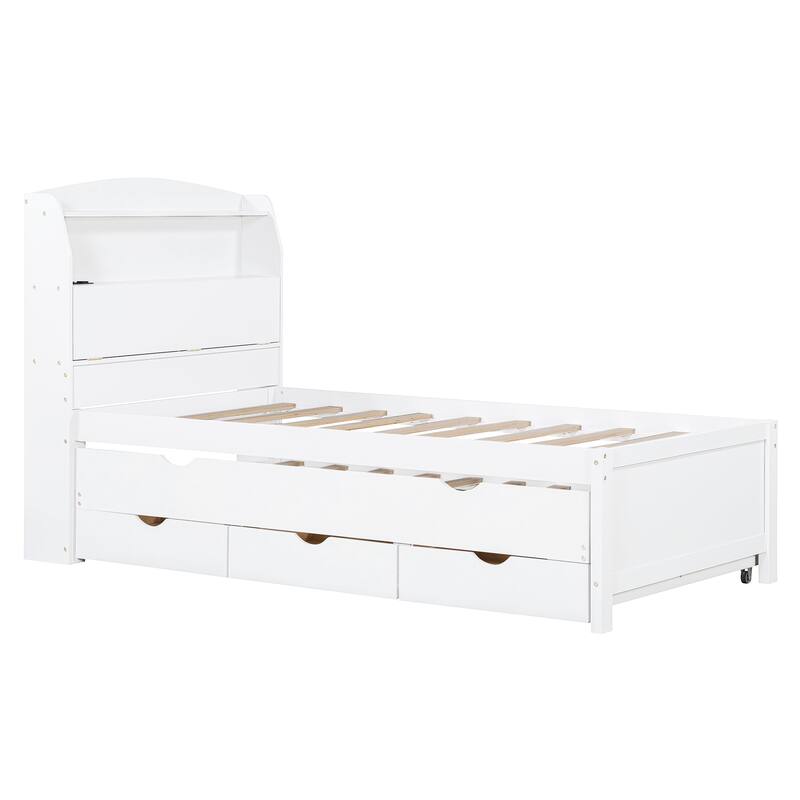 Twin XL Platform Bed with LED Headboard & USB Ports, Wooden Bed Frame with Trundle, 2 Storage Drawers, No Box Spring Needed