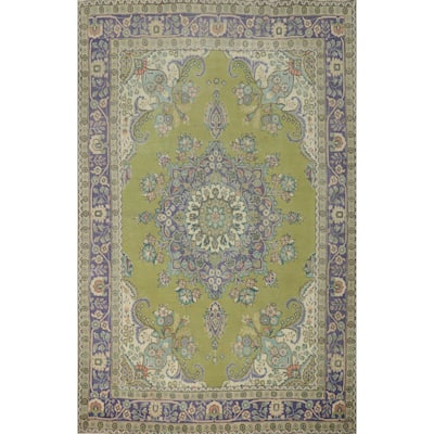 Hand Knotted Oriental 100% Wool Carpet Traditional Floral Green Tabriz Area Rug - 9' 5'' X 6' 5''