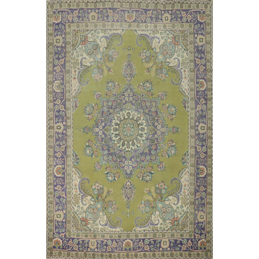 Hand Knotted Oriental 100% Wool Carpet Traditional Floral Green Tabriz Area Rug - 9' 5'' X 6' 5''