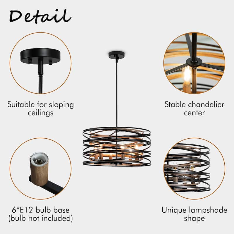 6-Light Modern Farmhouse Drum Pendant Black Metal Drum Chandelier