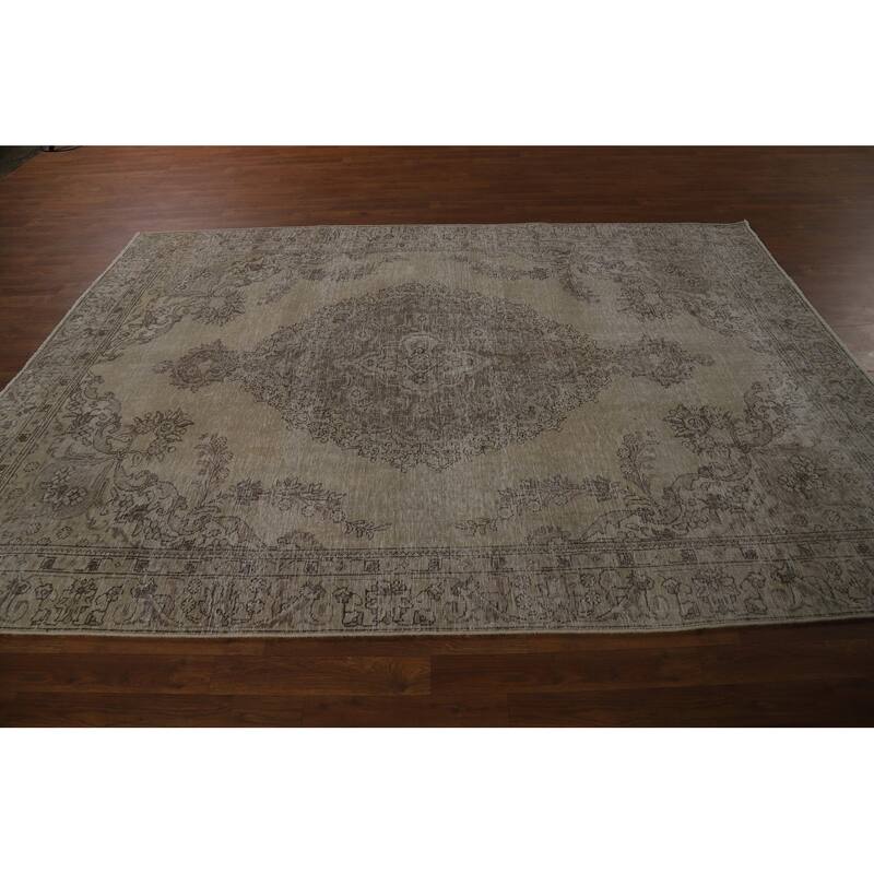 Distressed Tabriz Persian Area Rug Hand-Knotted Green Wool Carpet - 6'5" x 9'0"